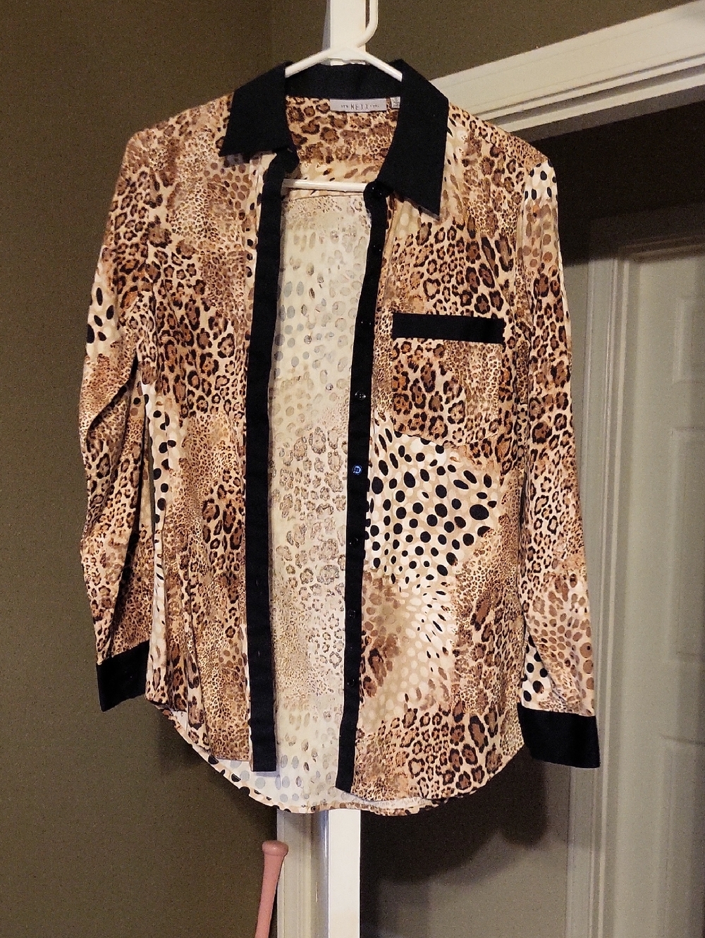 Leopard Print Button-Down Shirt with Black Trim - Women